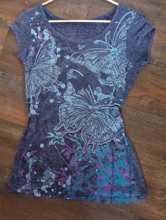 Tops - Fitted Navy Blue Butterfly Scoop Neck Tee Y2K Pattern Graphic Size Large